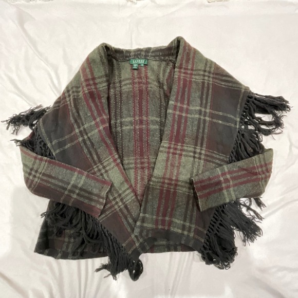 Lauren Ralph Lauren‎ 100% Wool Plaid Fringe Cardigan Sweater Jacket Coat Small - Picture 5 of 9